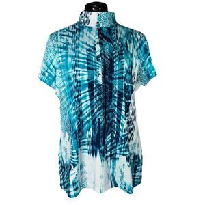 Weekends By Chico's 2 Short Sleeve Snap Polo Blue Watercolor Mock Neck Collar